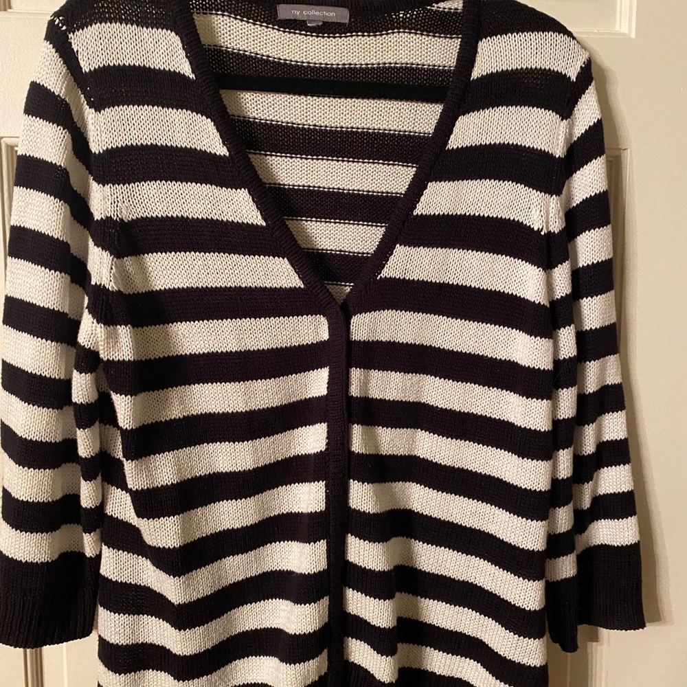 NY Collection cardigan, black/white striped, 3/4 sleeve, size large
